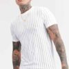 Slim-fit tee with a bold chest graphic and textured mesh stripes. Black & grey hues, visible fine stitching detail. Breathabl