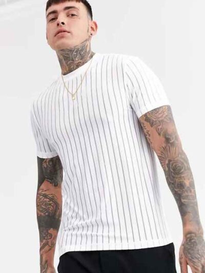 Slim-fit tee with a bold chest graphic and textured mesh stripes. Black & grey hues, visible fine stitching detail. Breathabl