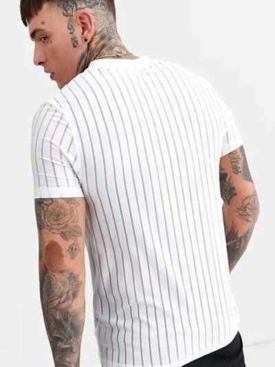 Slim-fit tee with a bold chest graphic and textured mesh stripes. Black & grey hues, visible fine stitching detail. Breathabl