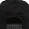 Black snapback cap. Close-up reveals tight stitching, structured crown, and matte texture. Adjustable fit, flat brim, urban s