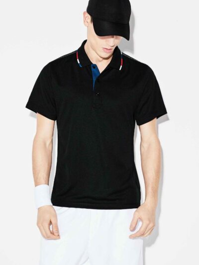 Close-up of a custom tennis polo. Fine pique knit texture, clean stitching, vibrant color, tailored fit. A sporty, refined ga
