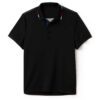 Close-up of a custom tennis polo. Fine pique knit texture, clean stitching, vibrant color, tailored fit. A sporty, refined ga