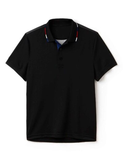 Close-up of a custom tennis polo. Fine pique knit texture, clean stitching, vibrant color, tailored fit. A sporty, refined ga