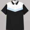 Close-up of a polo shirt featuring striped collar & cuffs, chevron pattern detail. Soft textured fabric, quality stitching ap