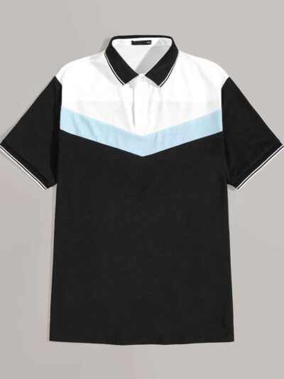 Close-up of a polo shirt featuring striped collar & cuffs, chevron pattern detail. Soft textured fabric, quality stitching ap