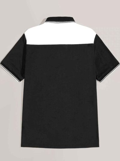 Close-up of a polo shirt featuring striped collar & cuffs, chevron pattern detail. Soft textured fabric, quality stitching ap