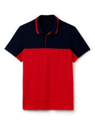 Close-up of a polo shirt with stylish color blocking and a prominent neck label. Textured fabric with visible, quality stitch