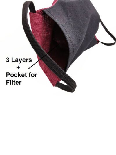 Close-up of a triple-layered face mask; soft fabric texture, reinforced stitching; washable reusable facial garment, shows fi