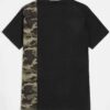 Camo panel t-shirt for men. White printed letters, soft cotton blend, durable stitching. Stylish & customizable short sleeve
