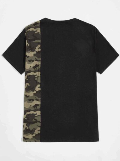 Camo panel t-shirt for men. White printed letters, soft cotton blend, durable stitching. Stylish & customizable short sleeve
