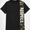 Camo panel t-shirt for men. White printed letters, soft cotton blend, durable stitching. Stylish & customizable short sleeve