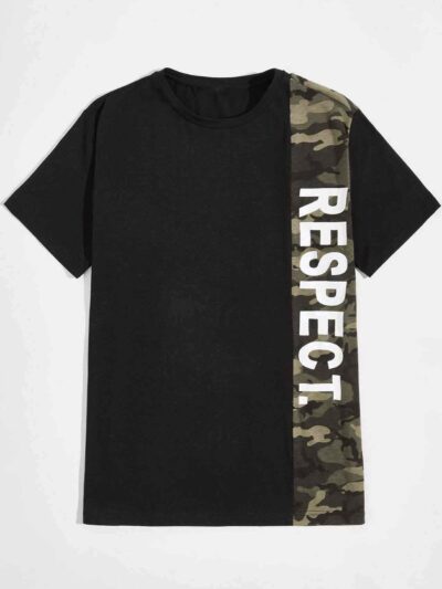 Camo panel t-shirt for men. White printed letters, soft cotton blend, durable stitching. Stylish & customizable short sleeve