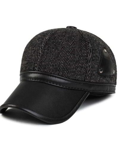 Ear flap baseball cap: PU leather visor, woolen striped panels. Folded ear flaps show stitching. Unisex style, warm fabric. -