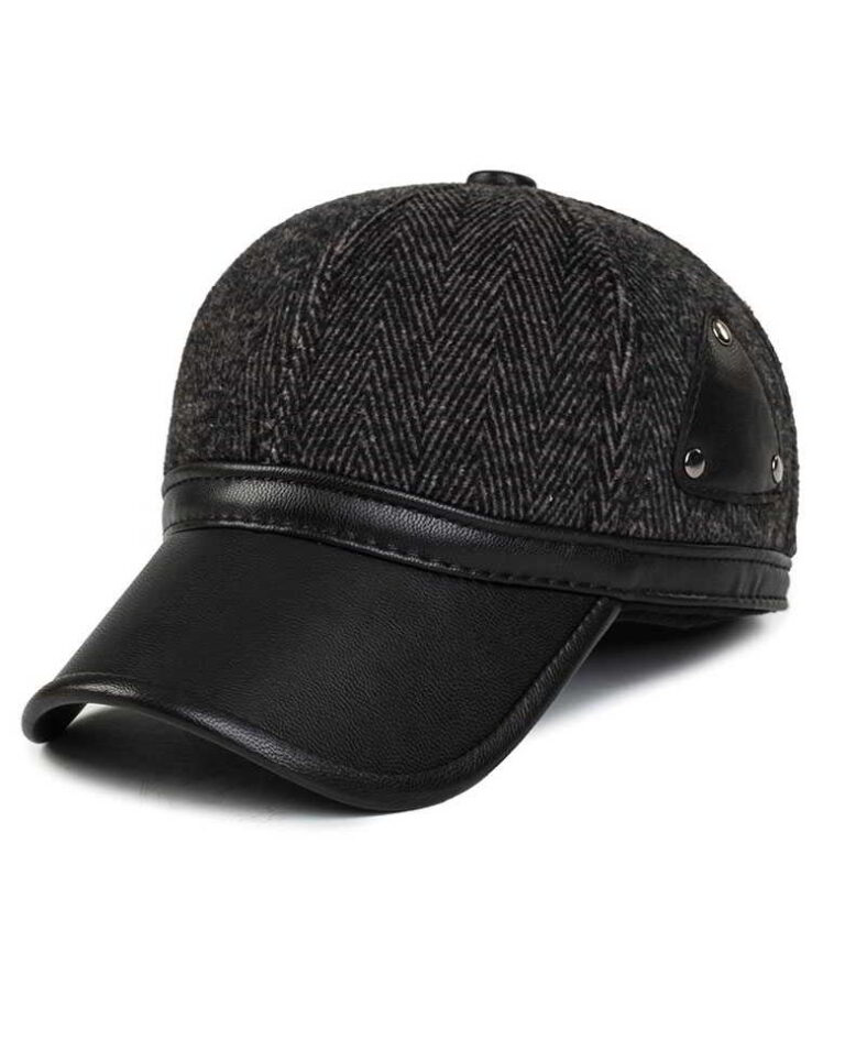 Ear flap baseball cap: PU leather visor, woolen striped panels. Folded ear flaps show stitching. Unisex style, warm fabric. -