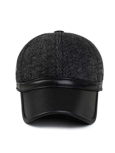 Ear flap baseball cap: PU leather visor, woolen striped panels. Folded ear flaps show stitching. Unisex style, warm fabric. -
