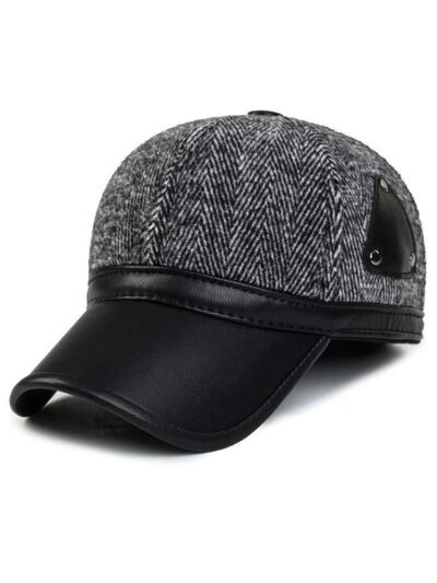 Ear flap baseball cap: PU leather visor, woolen striped panels. Folded ear flaps show stitching. Unisex style, warm fabric. -