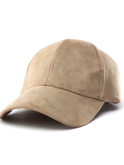Soft faux suede baseball cap, earth-tone hue. Fitted, adjustable back. Close-up shows fine stitching detail. Perfect sporty s