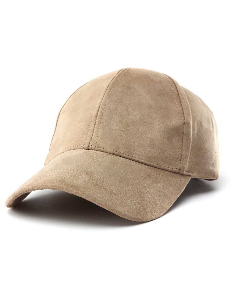 Soft faux suede baseball cap, earth-tone hue. Fitted, adjustable back. Close-up shows fine stitching detail. Perfect sporty s