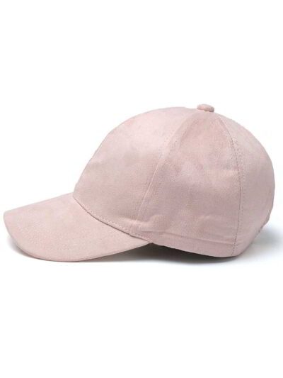 Soft faux suede baseball cap, earth-tone hue. Fitted, adjustable back. Close-up shows fine stitching detail. Perfect sporty s