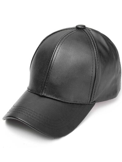 PU leather baseball cap in a solid color. Snapback closure, detailed stitching, and adjustable fit for men & women. Modern hi