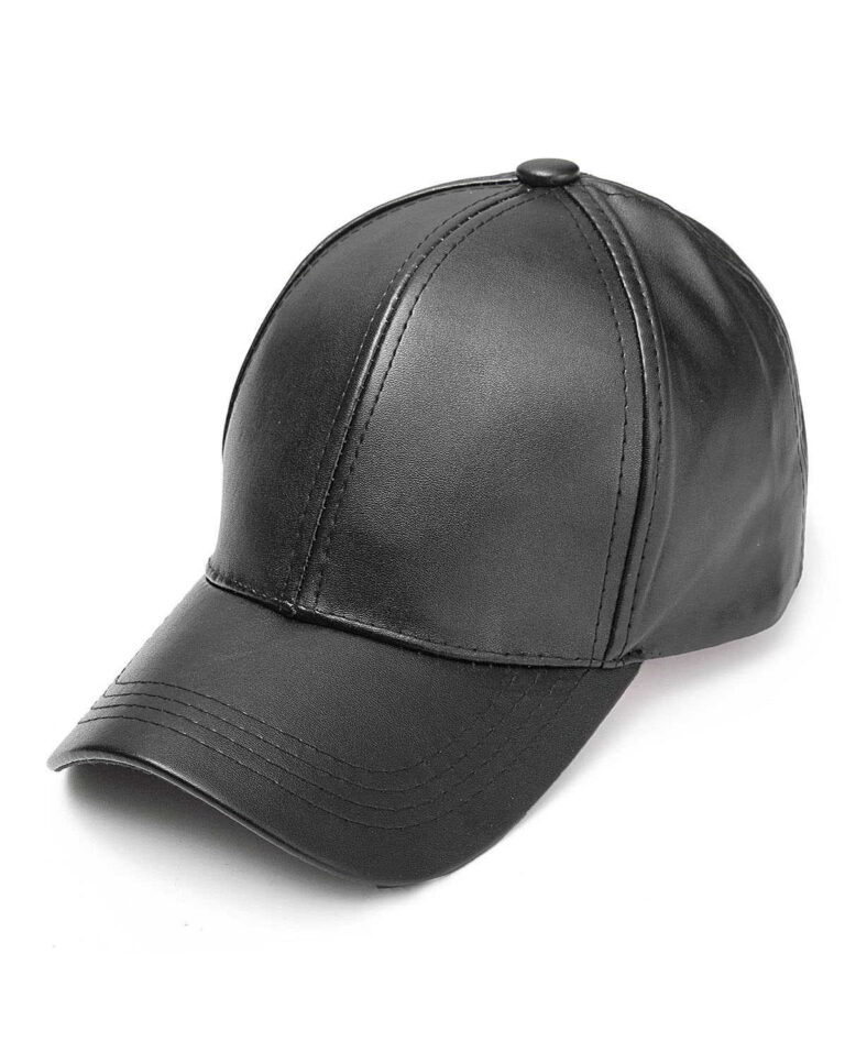 PU leather baseball cap in a solid color. Snapback closure, detailed stitching, and adjustable fit for men & women. Modern hi