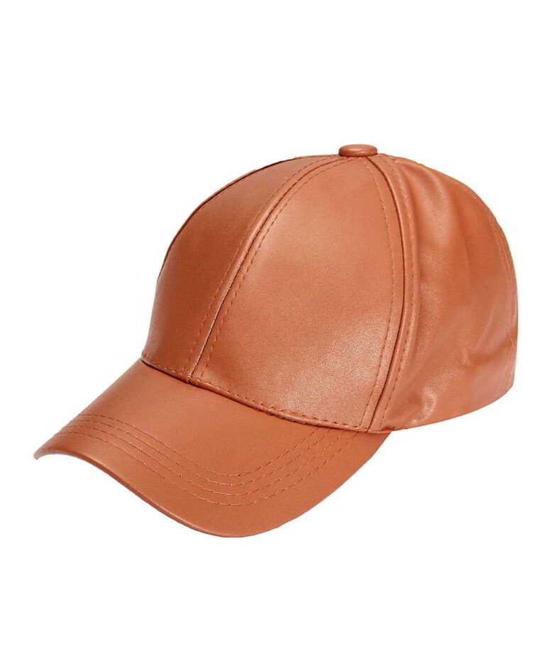 PU leather baseball cap in a solid color. Snapback closure, detailed stitching, and adjustable fit for men & women. Modern hi