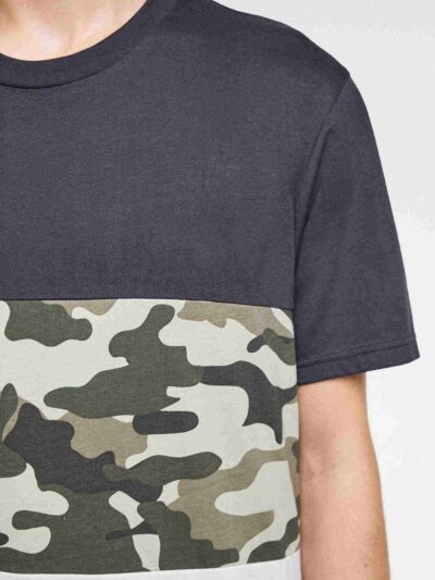 Men's short-sleeve shirt. Textured fabric, visible stitching. Casual style, custom print area, dark gray with light accents.