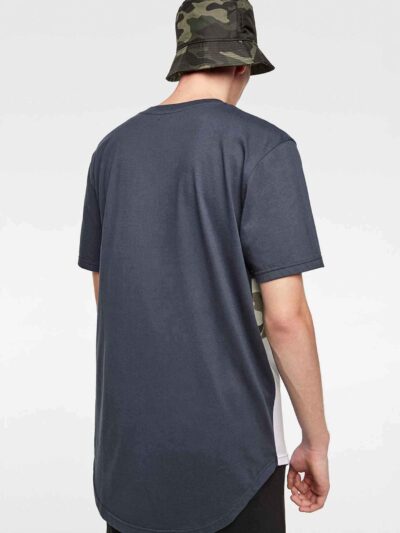 Men's short-sleeve shirt. Textured fabric, visible stitching. Casual style, custom print area, dark gray with light accents.