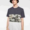Men's short-sleeve shirt. Textured fabric, visible stitching. Casual style, custom print area, dark gray with light accents.