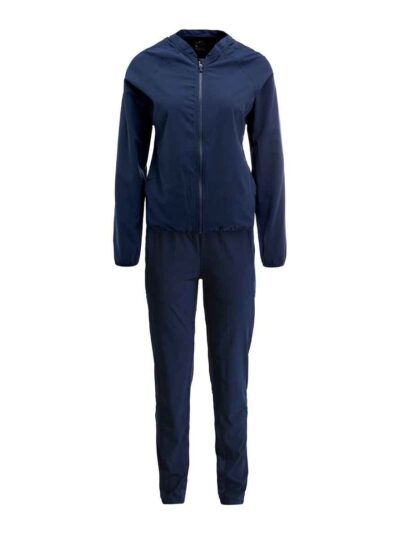 Ladies' vibrant two-piece tracksuit. Soft, stretchy fabric, maybe fleece. Figure-hugging fit, athletic-inspired stitching det