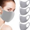 Grey fabric face covering with neat stitching, breathable material. Reusable dust barrier mask for adults, comfortable fit.