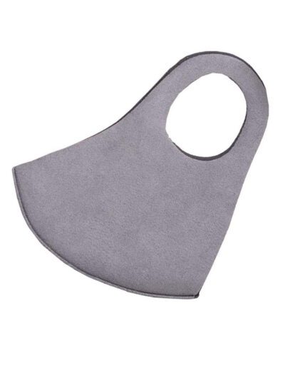 Grey fabric face covering with neat stitching, breathable material. Reusable dust barrier mask for adults, comfortable fit.