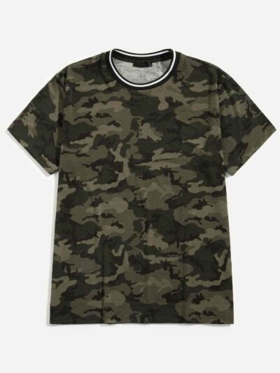 Men's black and white camo tee. Ribbed neck detail. Short sleeve, soft fabric with subtle texture. Custom print ready. - View