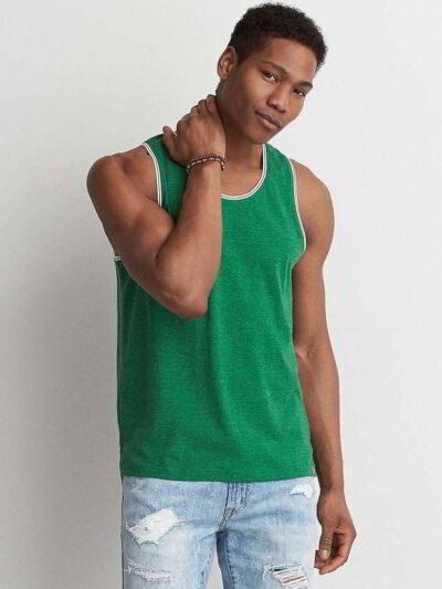 Close-up of breathable athletic tank. Fine-knit polyester, subtle sheen, reinforced stitching. Ideal bulk sportswear. - View