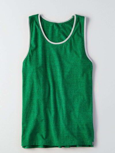 Close-up of breathable athletic tank. Fine-knit polyester, subtle sheen, reinforced stitching. Ideal bulk sportswear. - View