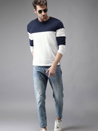 Close-up: Light blue breathable t-shirt. Fine, tight-knit fabric texture. Clean stitching. Short-sleeve crew neck. Evokes coo