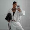 Ladies' two-piece sweat set: Soft, slightly heathered knit. Ribbed cuffs & hem. Note the clean, even stitching. Comfortable a