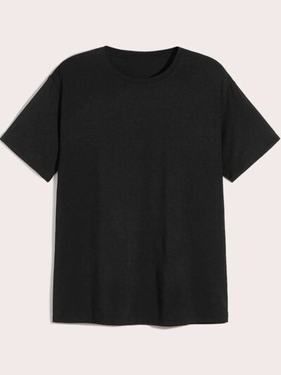 Close-up of a well-stitched, comfortable t-shirt. Soft cotton blend, smooth texture, excellent drape. Crew neck, short sleeve