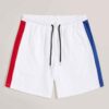 Close-up elastic waist workout shorts, subtle textured fabric, neat stitching detail. Garment type: women's running shorts. C