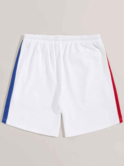 Close-up elastic waist workout shorts, subtle textured fabric, neat stitching detail. Garment type: women's running shorts. C