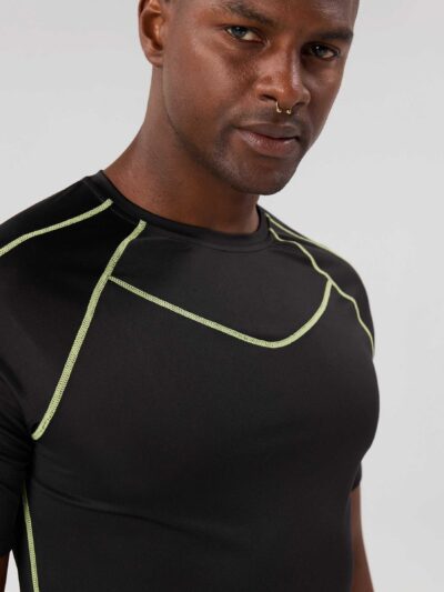 Men's gym workout set: T-shirt and shorts. Moisture-wicking knit fabric, athletic fit, reinforced stitching. Great for active