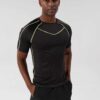 Men's gym workout set: T-shirt and shorts. Moisture-wicking knit fabric, athletic fit, reinforced stitching. Great for active