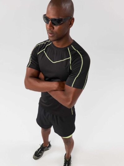 Men's gym workout set: T-shirt and shorts. Moisture-wicking knit fabric, athletic fit, reinforced stitching. Great for active