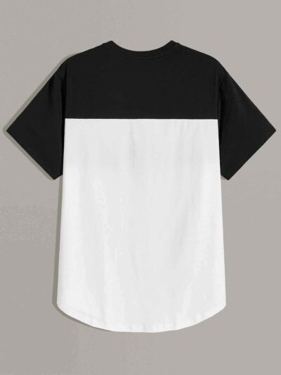 Men's marled t-shirt with color block panels. Soft knit texture, curve hem detail. Heathered colors, quality stitching eviden