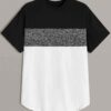 Men's marled t-shirt with color block panels. Soft knit texture, curve hem detail. Heathered colors, quality stitching eviden