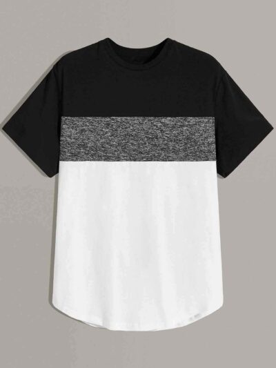 Men's marled t-shirt with color block panels. Soft knit texture, curve hem detail. Heathered colors, quality stitching eviden