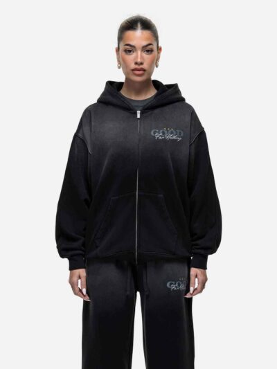 Women's fleece-lined tracksuit. Zip hoodie & joggers. Soft, warm, custom detail. Dark color with fine stitching. - View 1 of