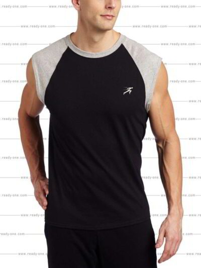 Close-up of durable tank top. Fine stitching, breathable knit fabric, slight heathering. Perfect for workwear layering. - Vie