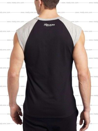 Close-up of durable tank top. Fine stitching, breathable knit fabric, slight heathering. Perfect for workwear layering. - Vie