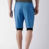 Blue quick-dry swim trunks with white drawstring. Fine stitching details visible. Lightweight, textured fabric. Beachwear. -